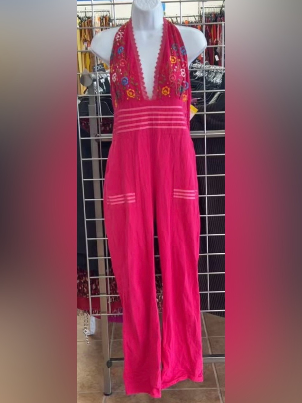 Mexican Artisan Embroidered Floral Halter Jumpsuit Romper Cotton Boho OS